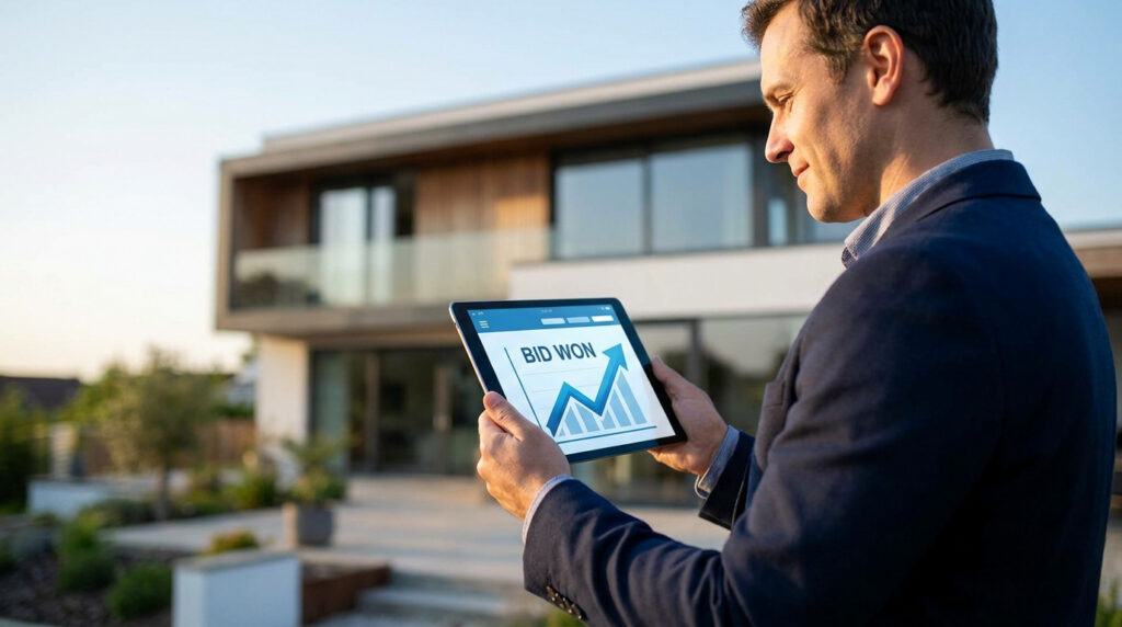 Un hombre de negocios sosteniendo una tablet que muestra un gráfico con el texto BID WON frente a una casa moderna.