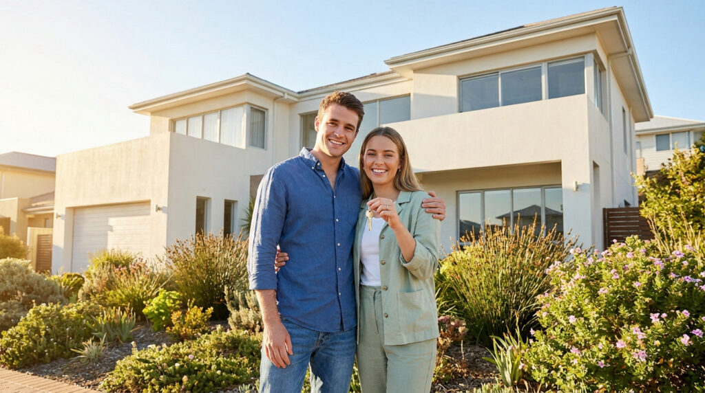 Pareja feliz de pie frente a su casa nueva sosteniendo las llaves del hogar.