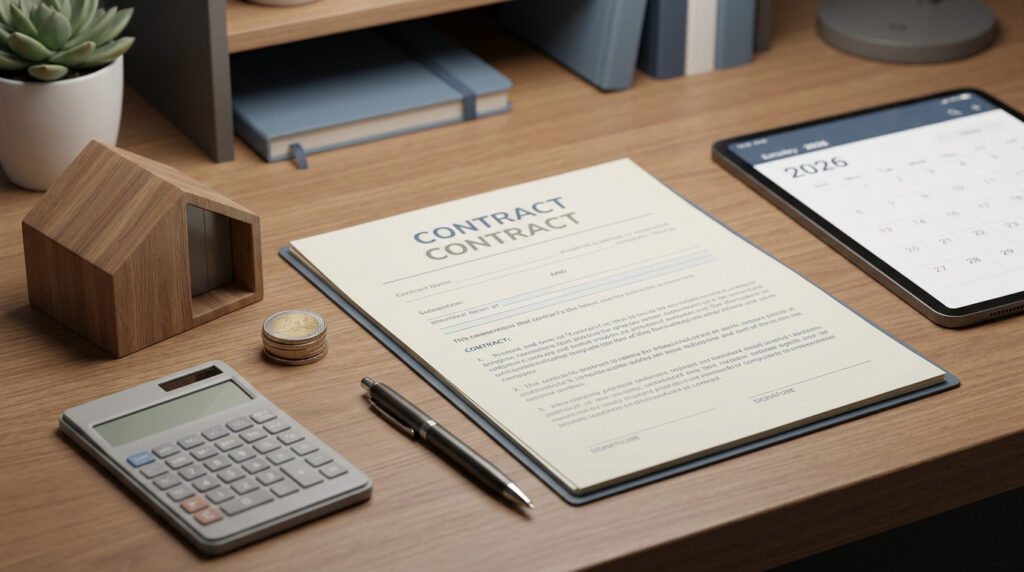 Documento de contrato sobre una mesa con una calculadora, monedas, una figura de madera de una casa y una tablet.