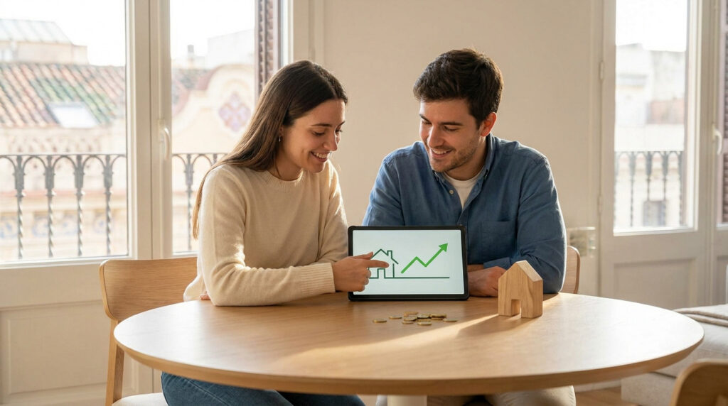 Pareja sonriente analizando una tablet con un gráfico de vivienda y monedas sobre la mesa.