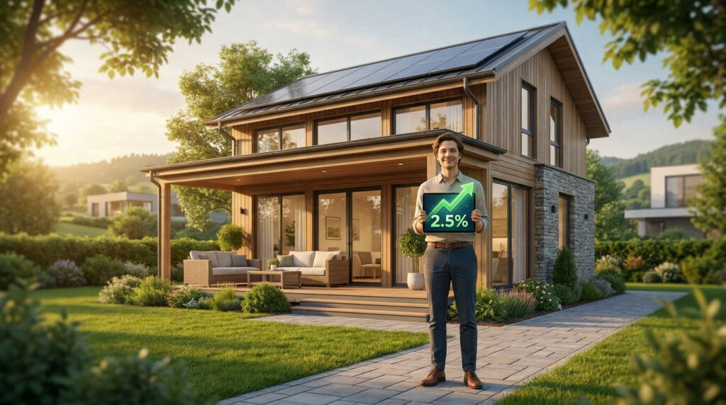Hombre sosteniendo tablet con gráfico del 2.5% frente a una casa moderna con paneles solares.