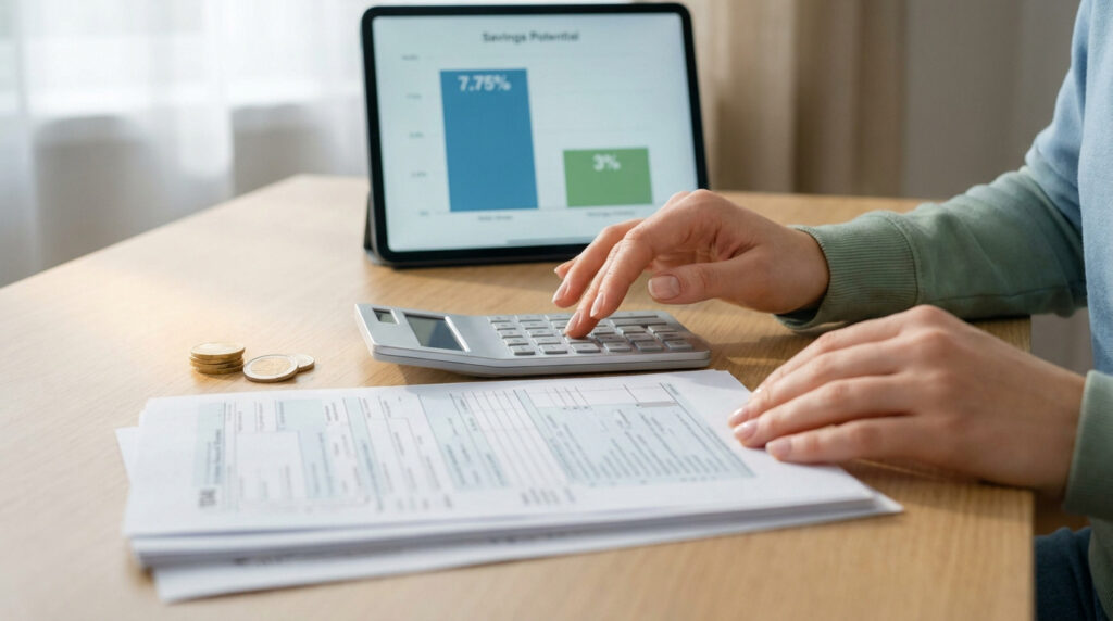 Persona calculando impuestos y ahorros sobre documentos financieros y una tablet con gráficos.