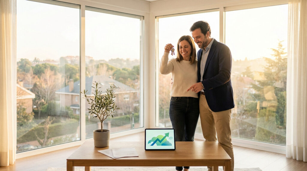 Pareja feliz en su nuevo hogar sosteniendo llaves frente a una tableta con un gráfico de crecimiento financiero.