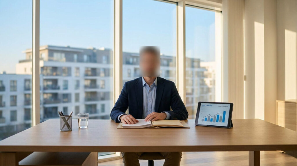 Profesional de negocios con rostro difuminado sentado ante un escritorio con tablet y documentos en una oficina luminosa.