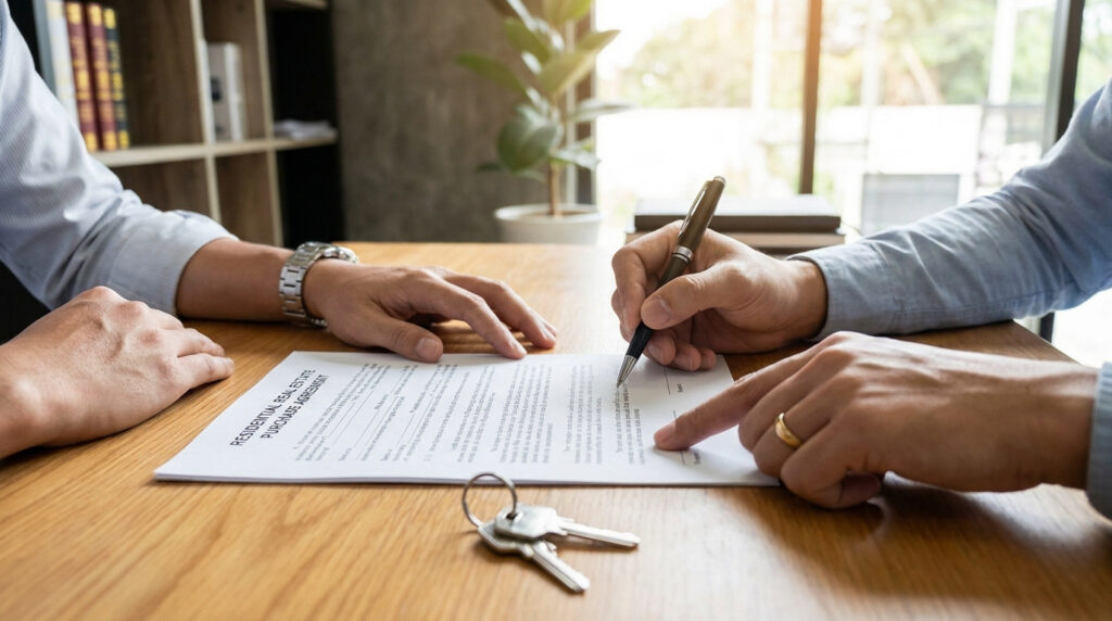 Dos personas revisan un contrato de compraventa de bienes raíces sobre una mesa de madera con llaves de casa.