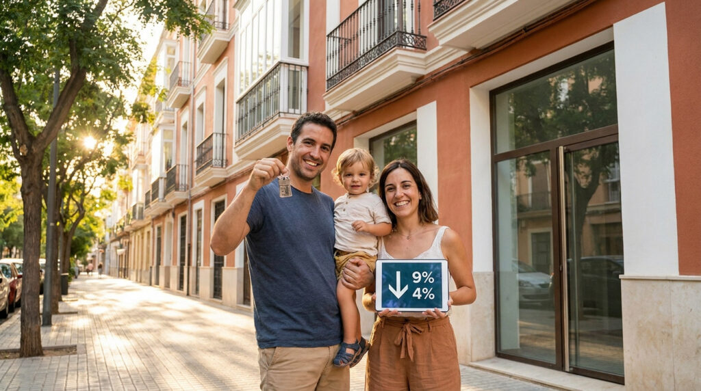 Familia joven con un niño sonriendo frente a un edificio residencial en Valencia, mostrando una tablet con un gráfico.
