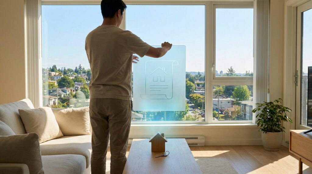 Hombre de pie frente a una ventana, sosteniendo un icono holográfico de un contrato de alquiler con una casa.