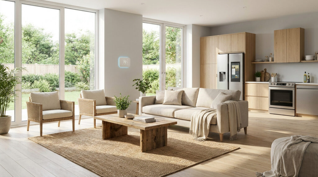 Salón y cocina modernos de concepto abierto con mobiliario de madera, luz natural y termostato inteligente en la pared.