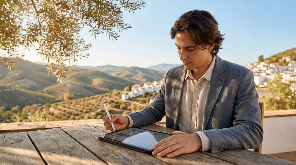 Joven analizando datos en una tablet con un lápiz digital desde una terraza con vistas a un paisaje andaluz.