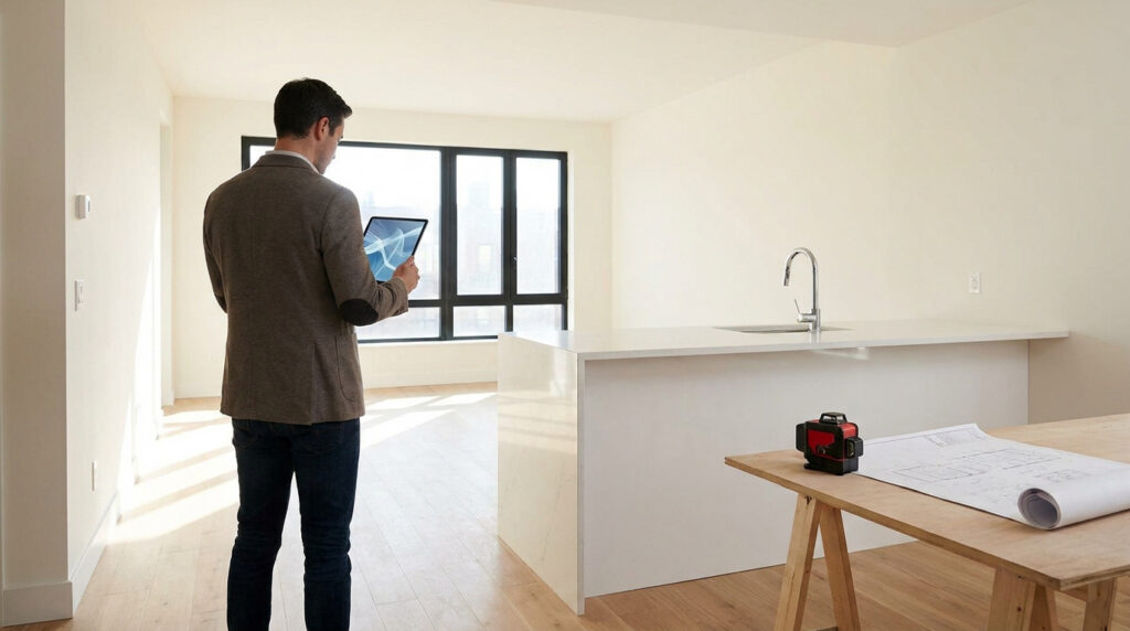 Profesional analizando una reforma integral con tablet en una cocina moderna.