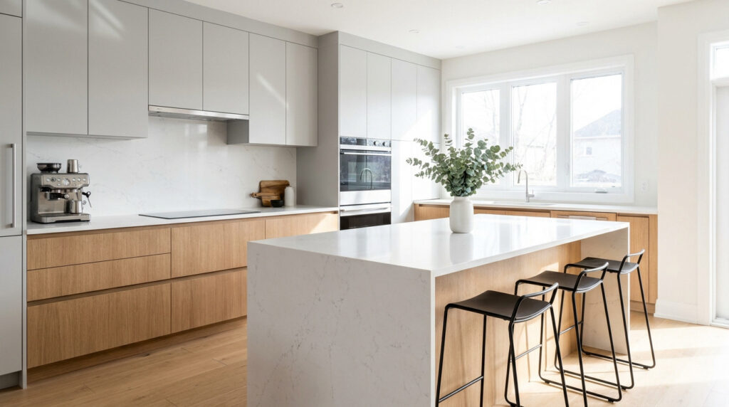 Cocina moderna y luminosa con isla central de mármol blanco, armarios en color gris y acabados en madera clara.