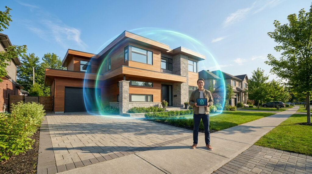 Hombre frente a una casa moderna protegida por un domo digital, sosteniendo una tableta con un icono de candado.