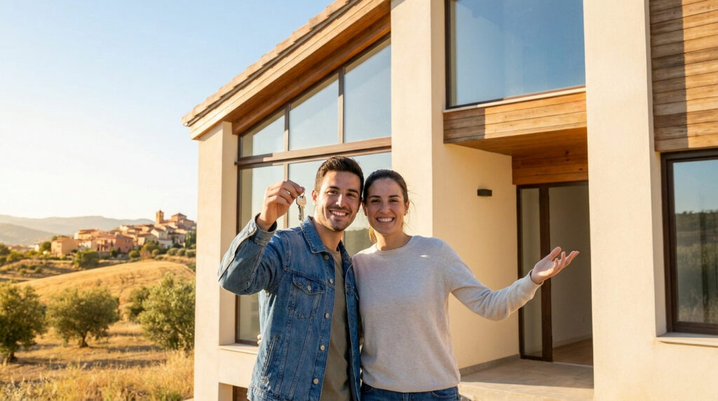 Pareja joven sonriente mostrando las llaves de su nueva casa moderna en una zona rural.